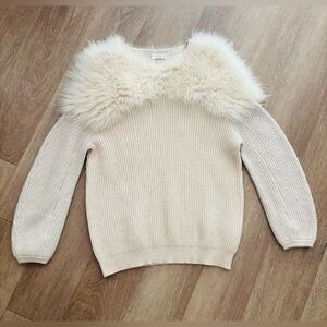 Brunello Cucinelli Cream Ribbed Wool Sweater with Fur Trim